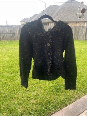 Black Tweed Button-Up Women's Sweater Jacket